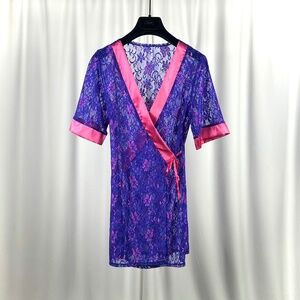 Vintage Purple Lace Wrap Robe Pink Satin Trim 80s Lingerie